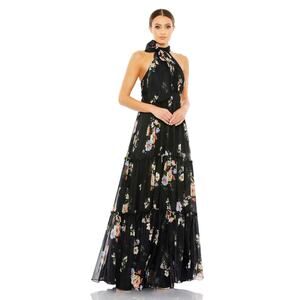 Ieena for Mac Duggal Floral Print Ruched Tiered High Neck Bow Gown Size 2 NWT